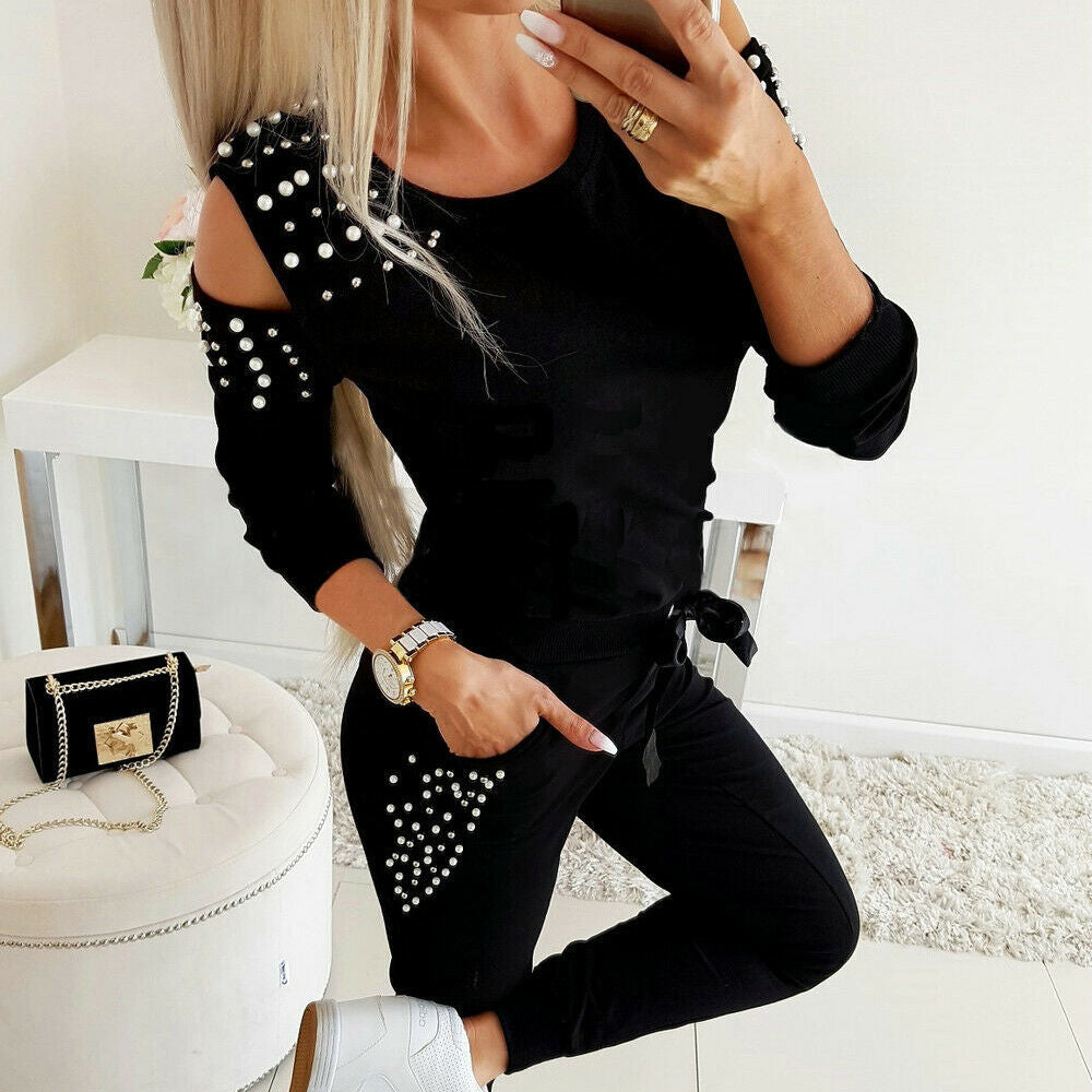 Autumn Casual Suit Sexy Beaded Solid Color Round Neck Long Sleeve Suit For Women 6