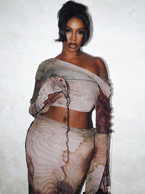 Fashionable Printed Sexy Long-Sleeved Top Long Skirt Two Piece Set 3