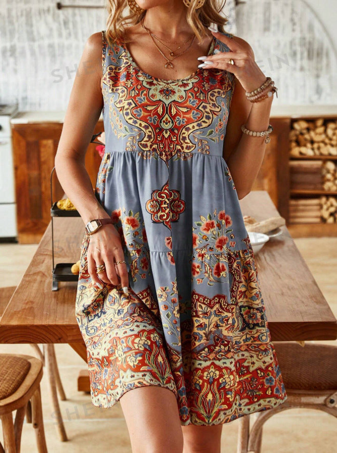 Women Summer Printed Sleeveless V-neck Holidays Print Dress 4