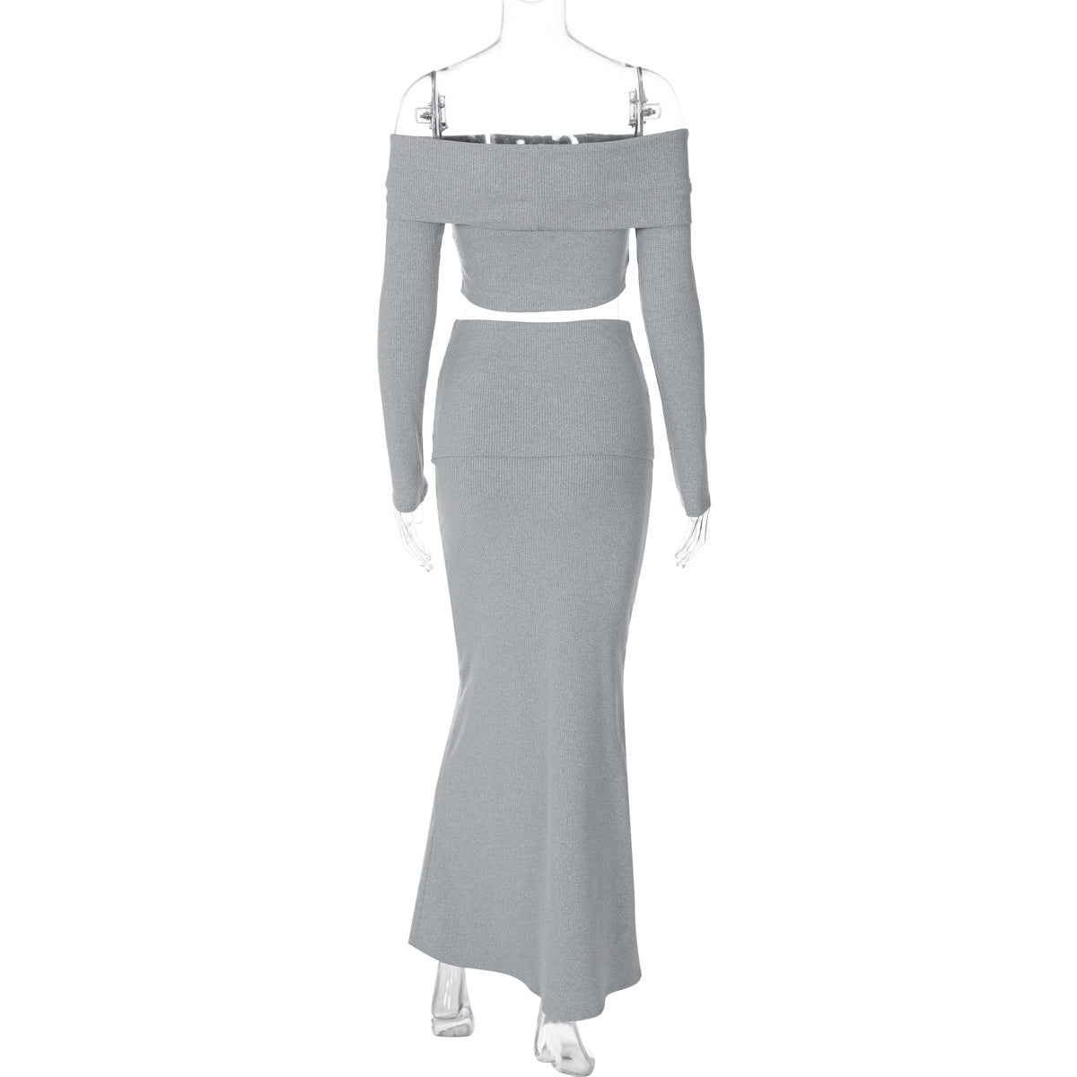 Women Winter Solid Long Sleeve Off Shoulder Turndown Collar Top and Skirt Two-piece Set 8