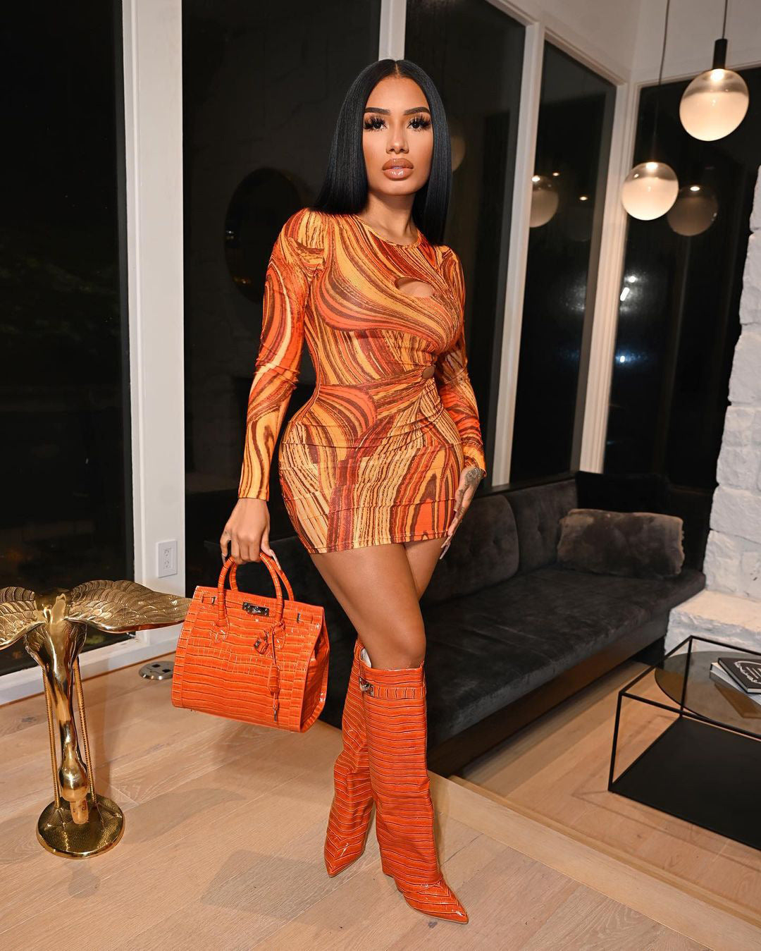 Women's Fashion Hollow Printed Long Sleeve Bodycon Dress 3