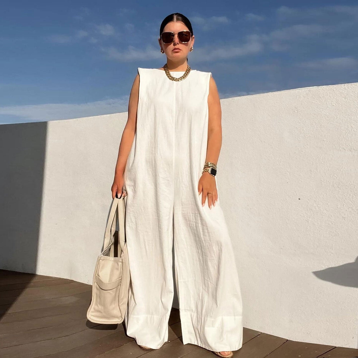 Casual Solid Sleeveless Wide Leg Loose Jumpsuit 4