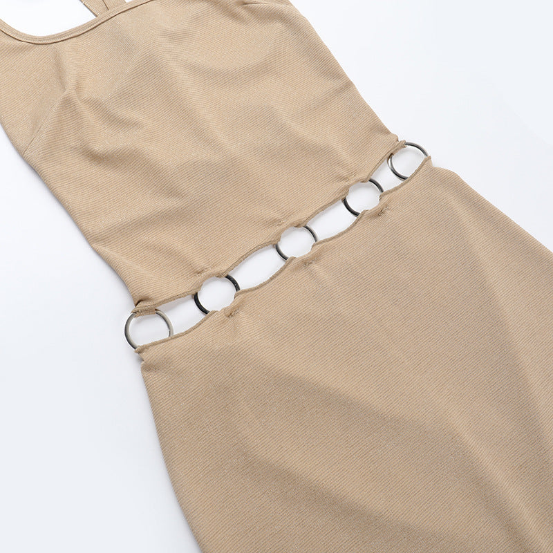 Metallic-Decorated Summer Hollow Slim Halter-Neck Low-Back Long Dress 11