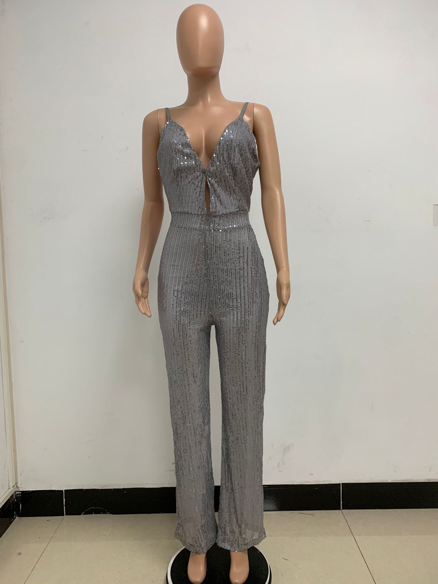Deep V Neck Low Back Sleeveless Chic Sequined Straps Elegant Women's Party Jumpsuit 124