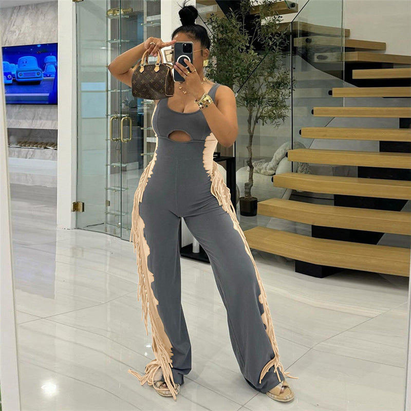 Women's fashion contrast color tassel Casual Jumpsuit