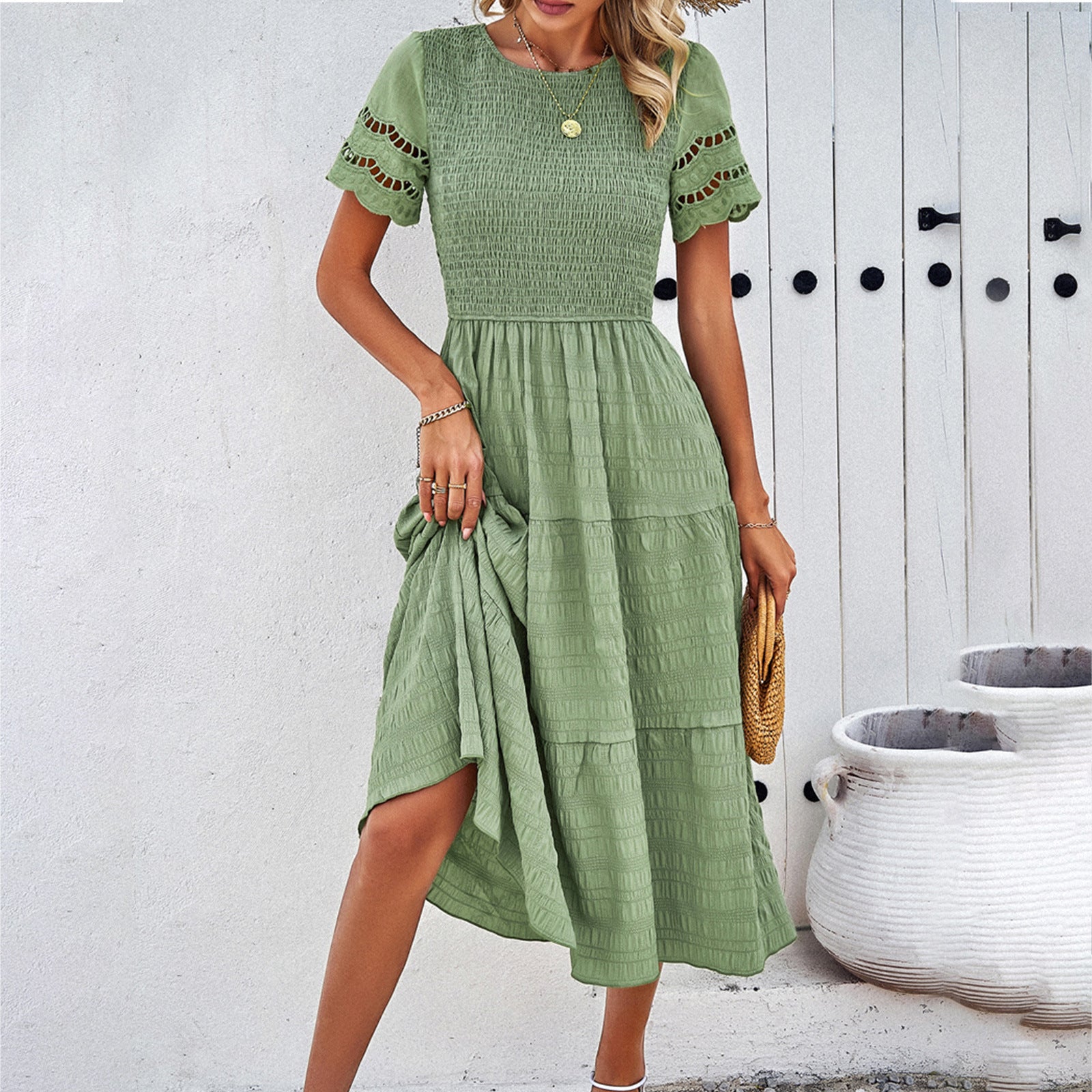Women's Spring And Summer Solid Color Short Sleeve Chic Casual Dress 9
