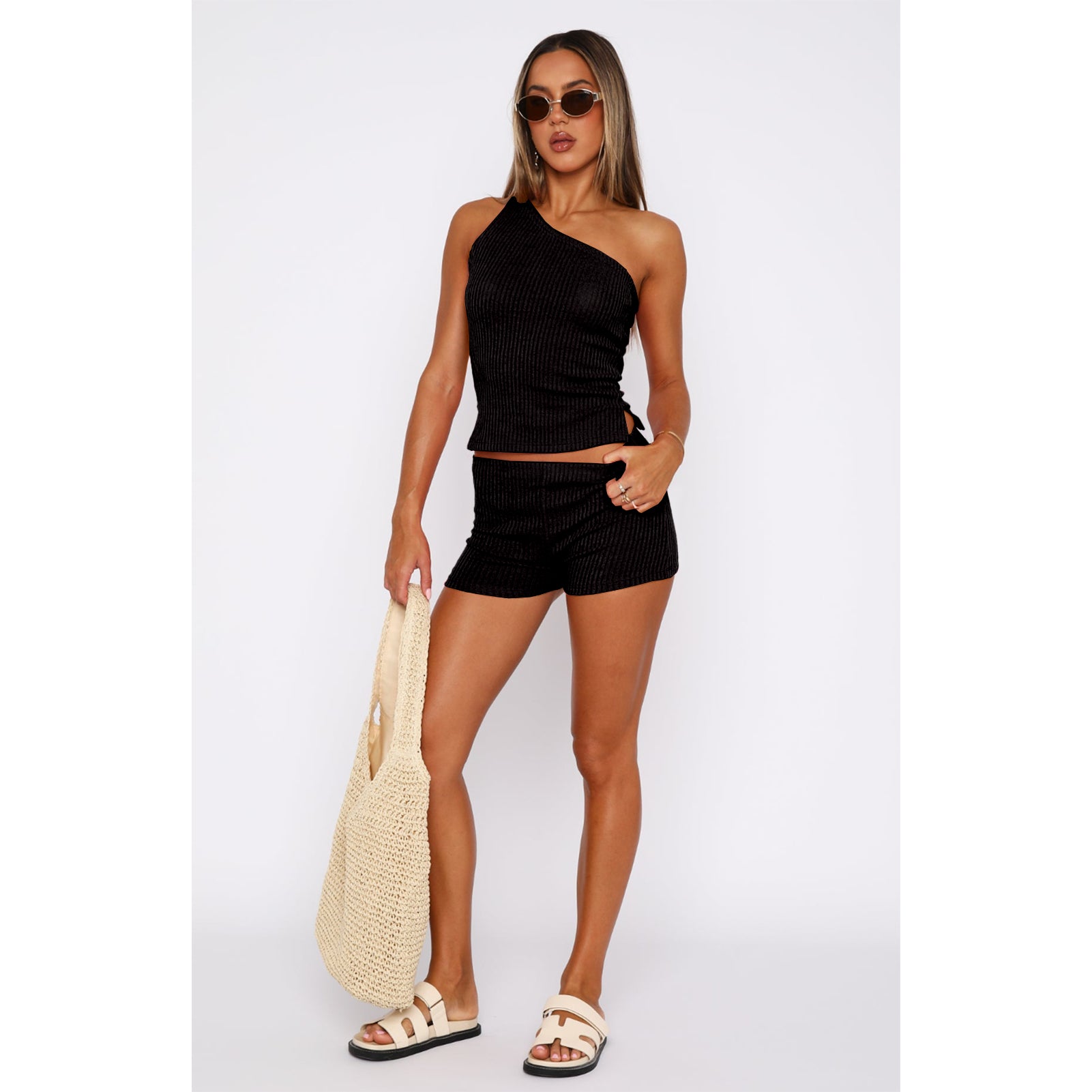 Women's One Shoulder Sleeveless Sweater Ribbed Shorts Two Piece Set 33