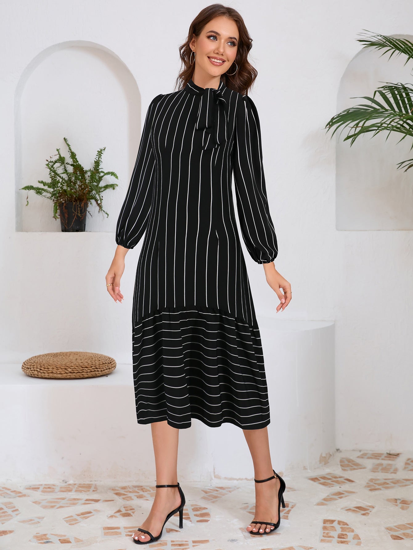 Women's fashion Stand Collar striped professional dress 4