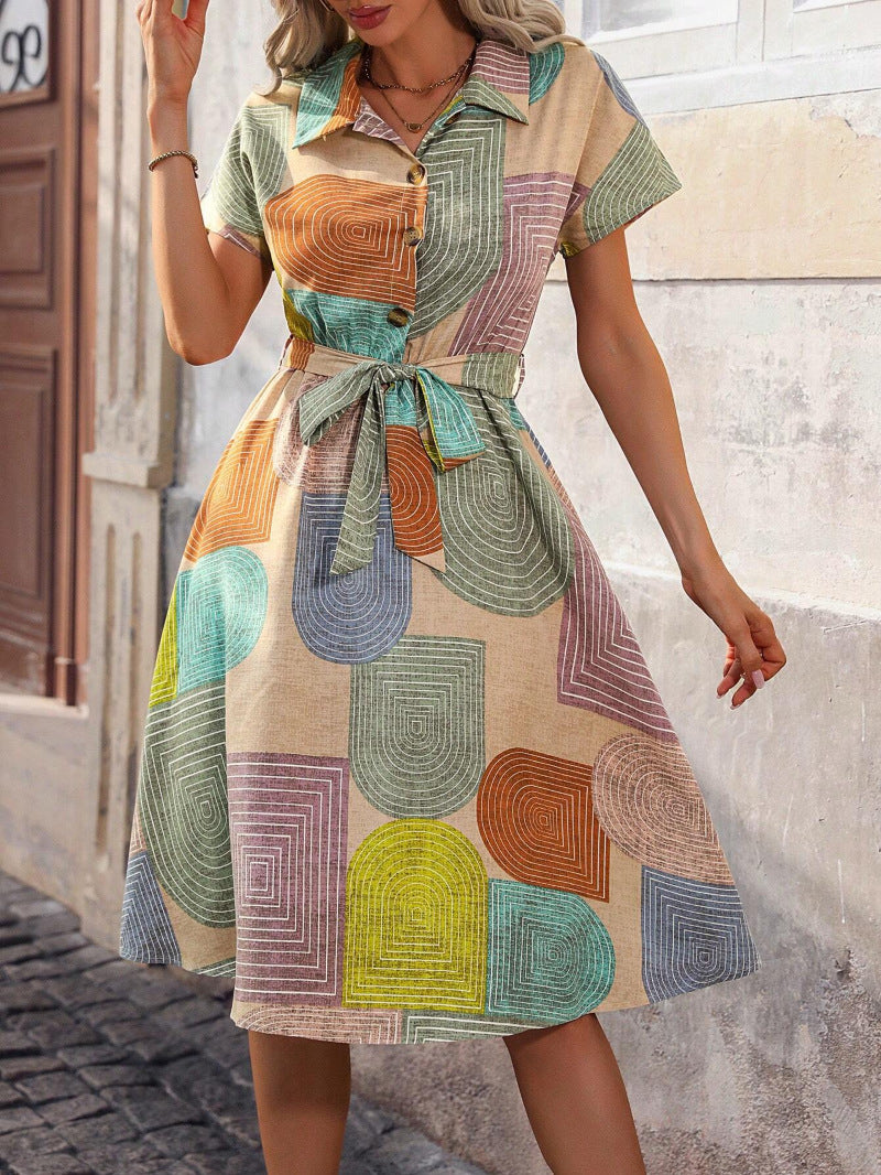 Women Geometric Pattern V-Neck Shirt Dress 6