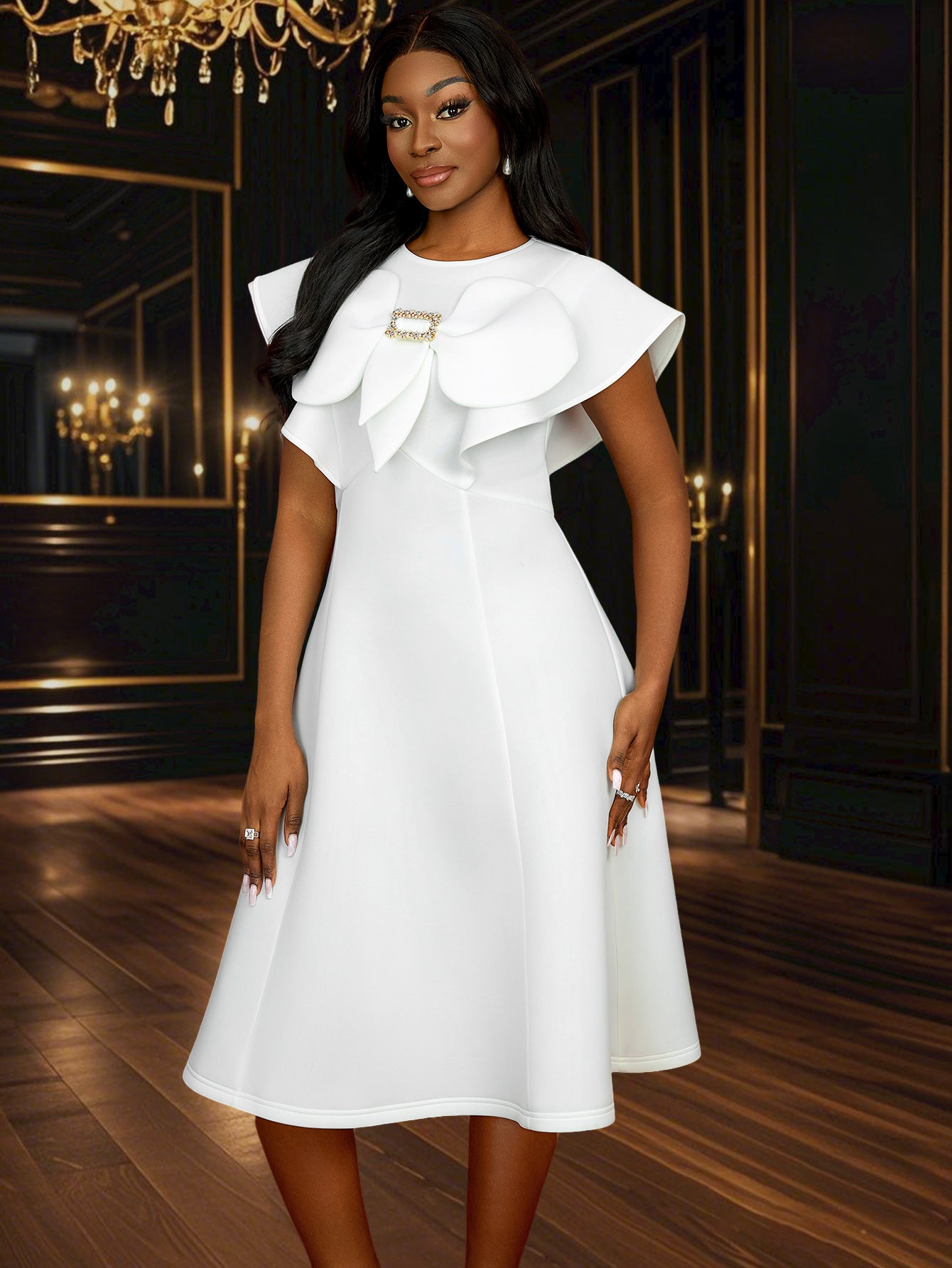 Women Summer Round Neck Bow Cape Sleeve Dress 9