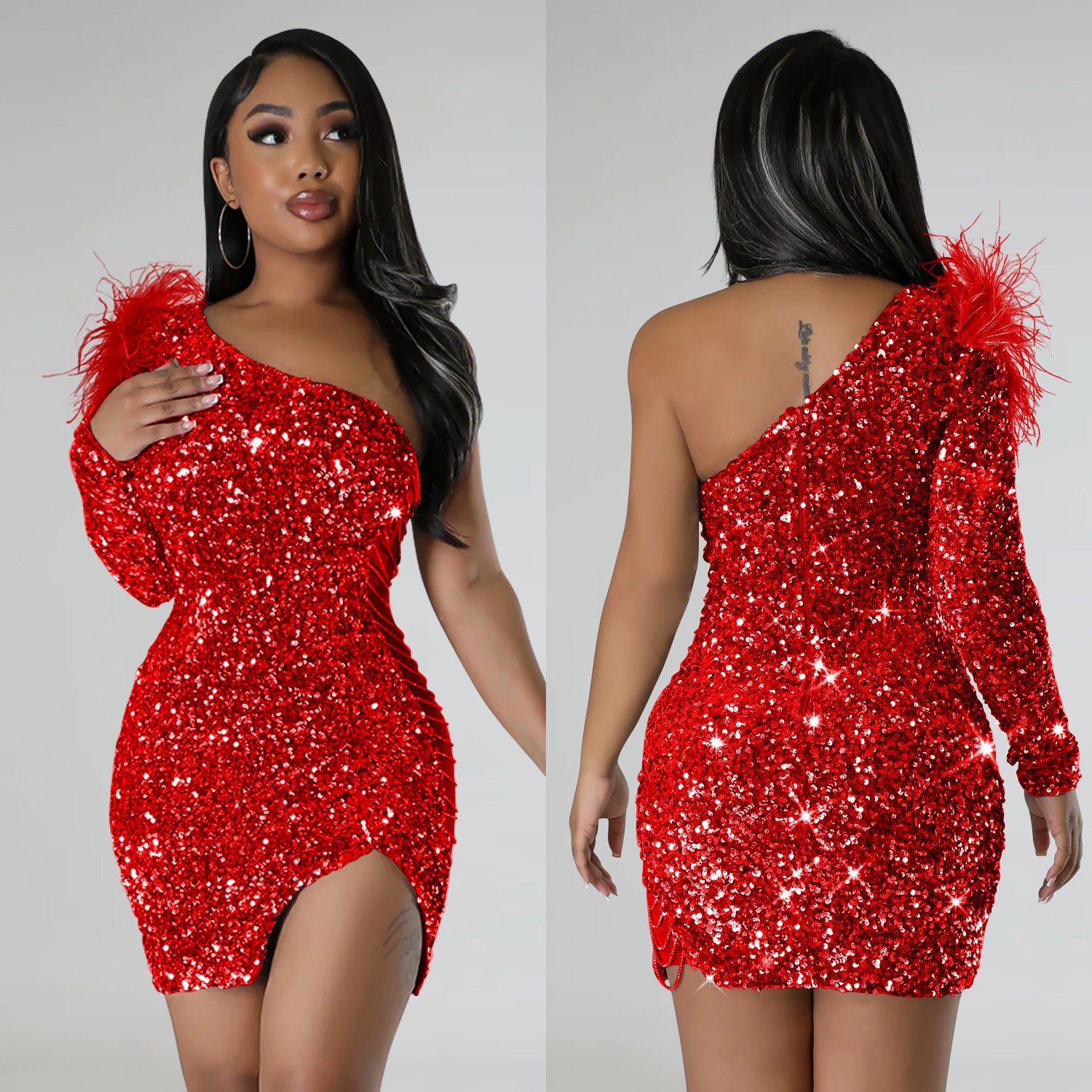 Fashion Women's Sexy One Shoulder Sequin Slit Bodycon Dress 8