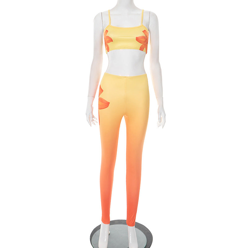 Women Sexy Floral Gradient Printed Camisole Vest Top and Trousers Two-Piece Set 16