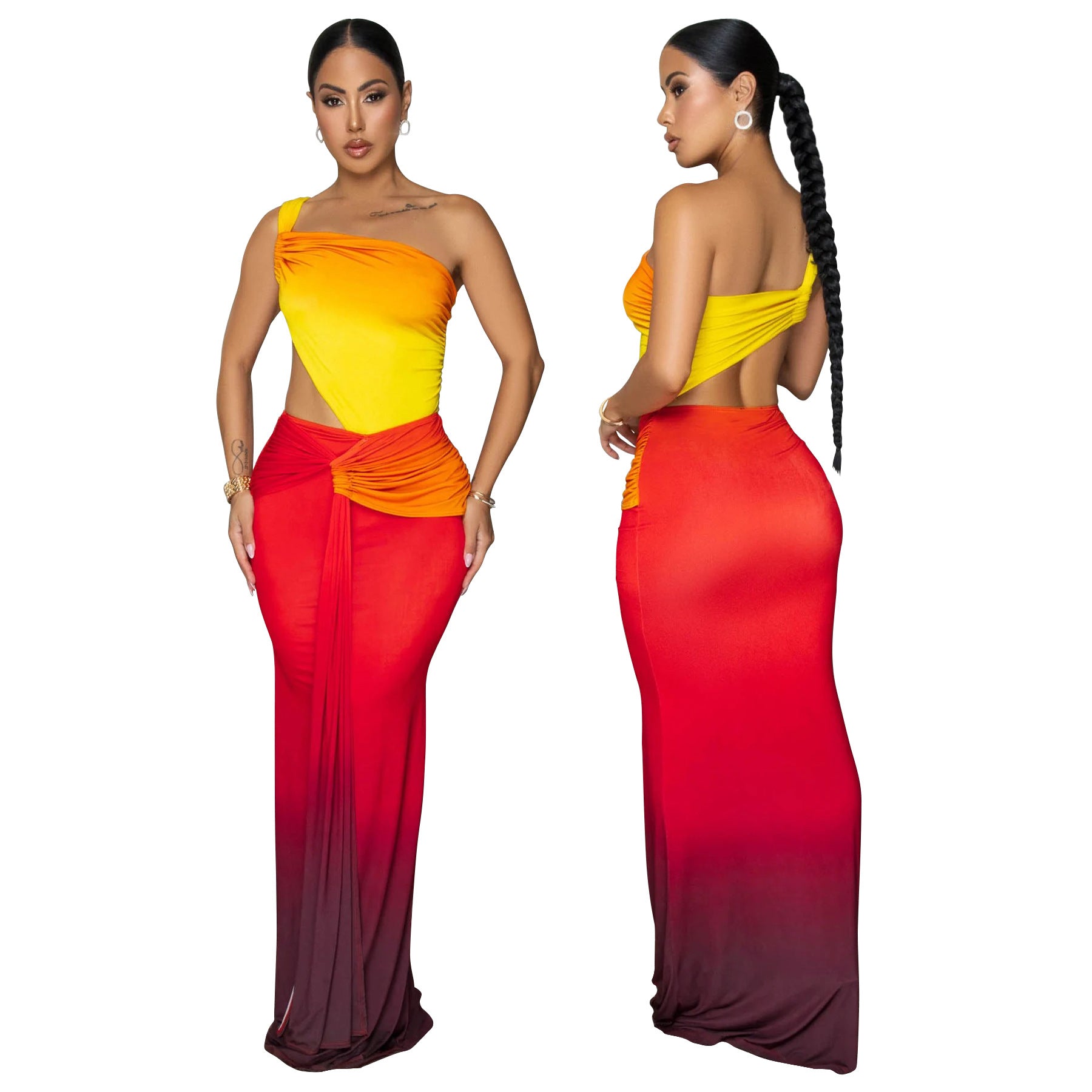 Summer Women's Sexy One-Shoulder Open Waist Gradient Long Dress 3