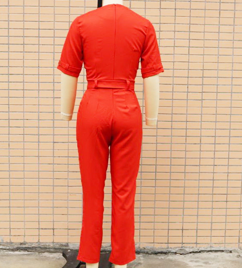 Spring/Summer Fit Turndown Collar Short Sleeve Professional Ol Jumpsuit 22