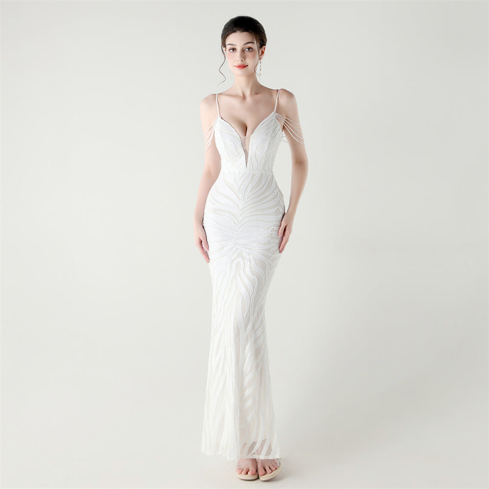 Women off-shoulder beaded sling V Neck Formal Party evening dress 7