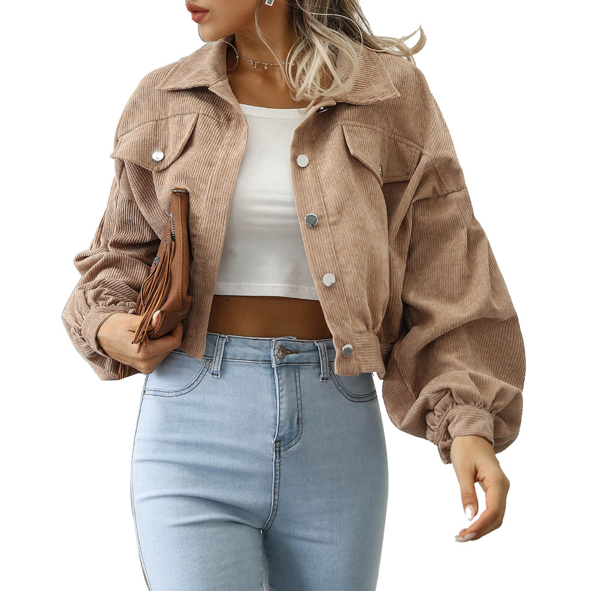 Women Casual Turndown Collar Corduroy Balloon Sleeve Single Breasted Crop Jacket 12