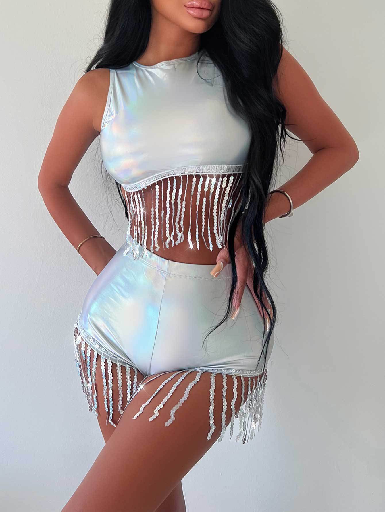 Sexy Tassel Tank Top And Tassel Shorts Two-Piece Set 5