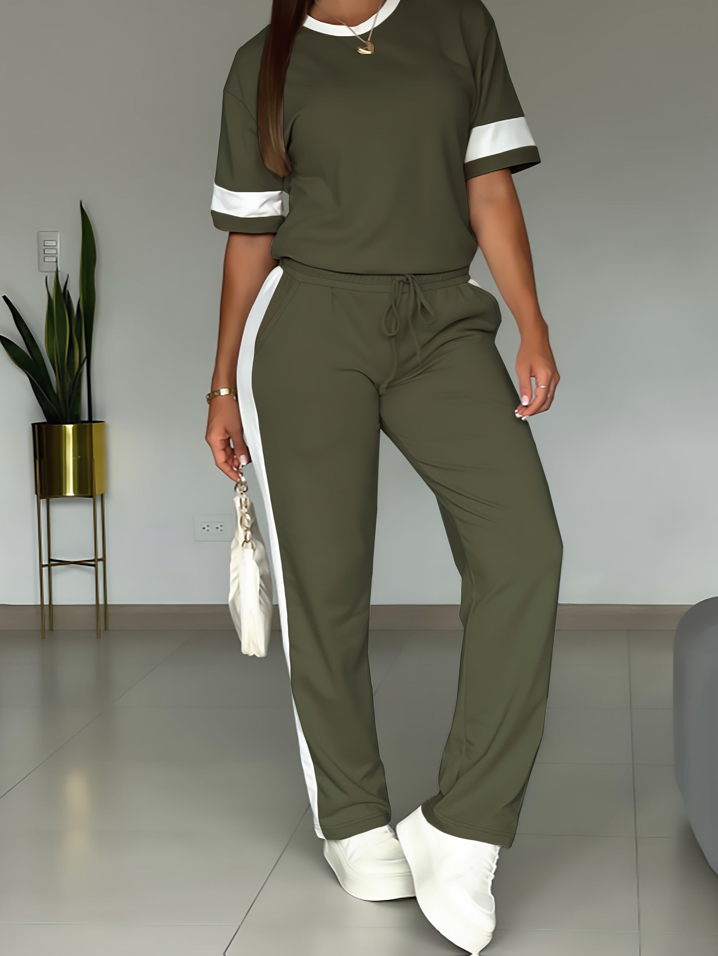 Casual Sporty Women's Fashion Short Sleeve Two Piece Pants Set 6