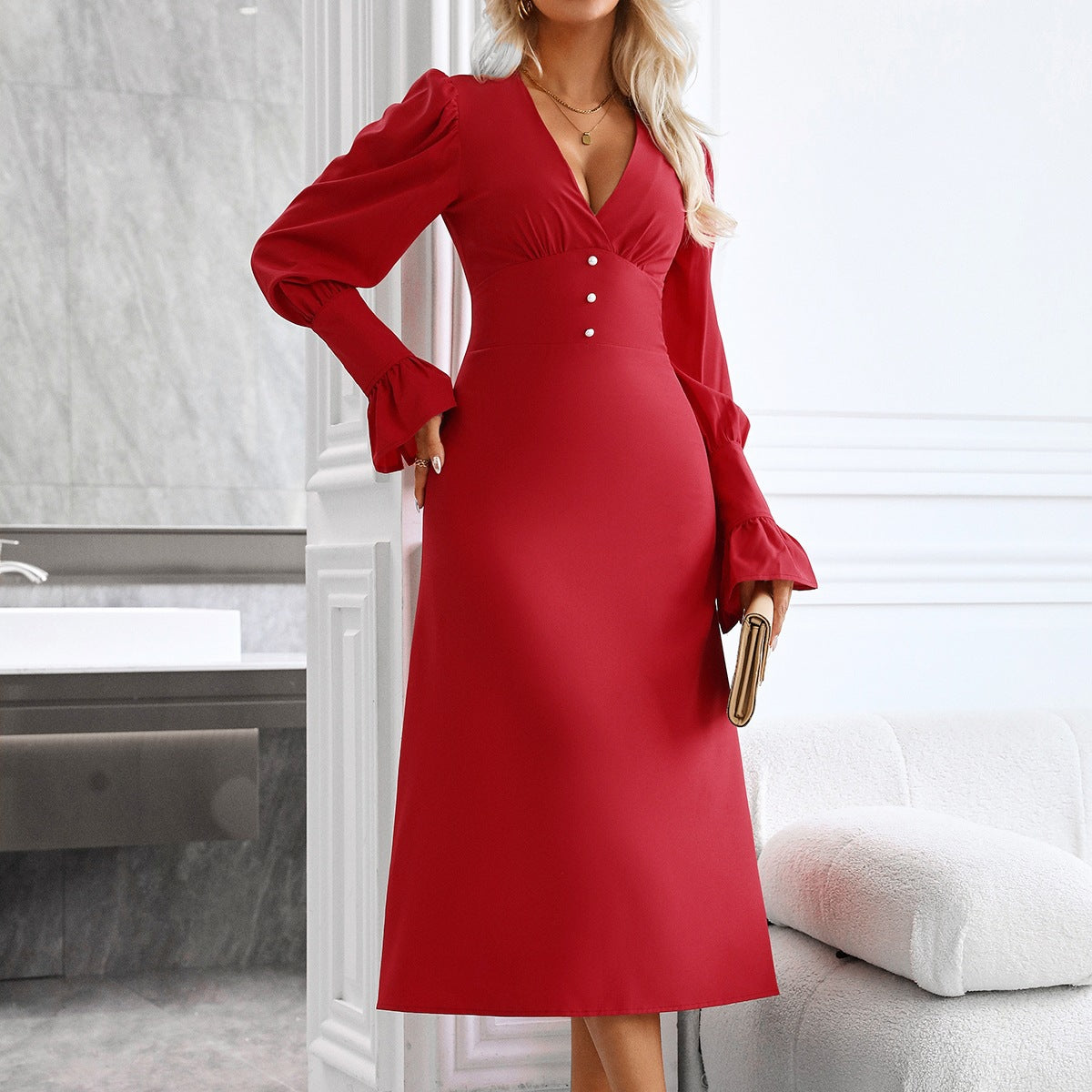 Women Sexy Puff Sleeve V-Neck Dress
