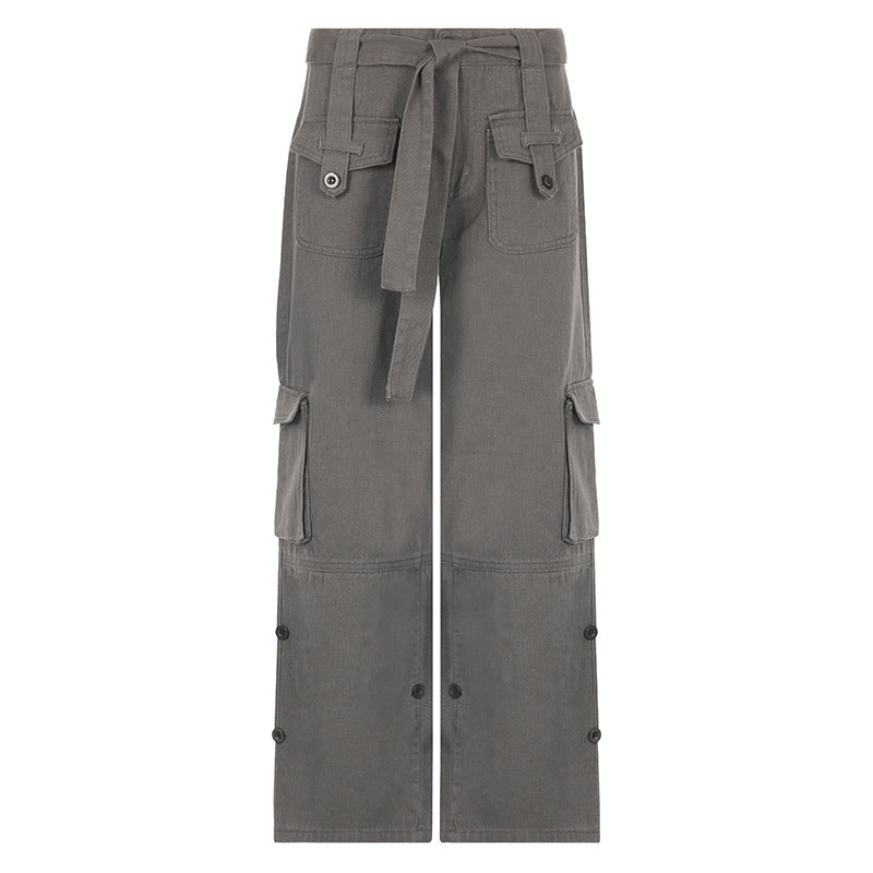 Street Hipster Women Clothing Casual Loose Drawstring Belt High Waist  Grey Wide Leg Denim Cargo Pants 9