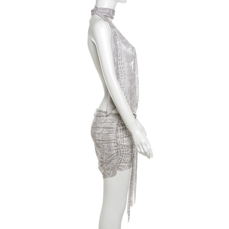 Women Summer Sexy Snake Print Halter Neck Lace-up Irregular Dress 7