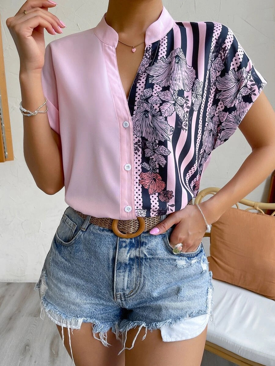 Women Contrast Floral Button Short Sleeve Shirt 7