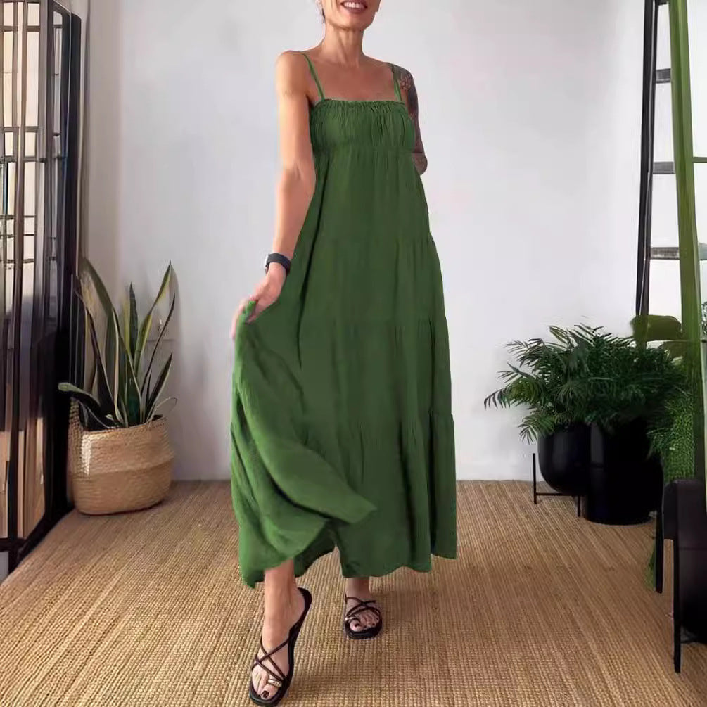 Spring Summer Women's Solid Color Casual Strap Loose Dress 8