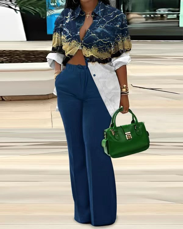 Women's Fashion Casual Print Long Sleeve Shirt Pants two piece Set 4