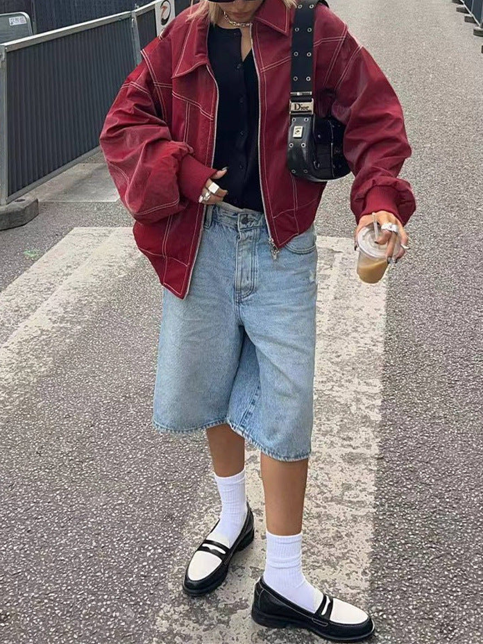 Autumn Women's Retro Stand Collar Leather Jacket 3