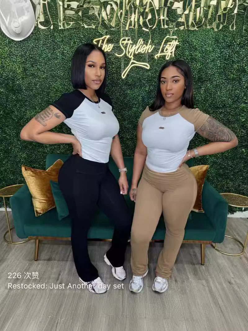 Women's Spring Summer Color Matching Sports Dance Fitness Yoga Short-Sleeved Two-Piece Pants Set 5