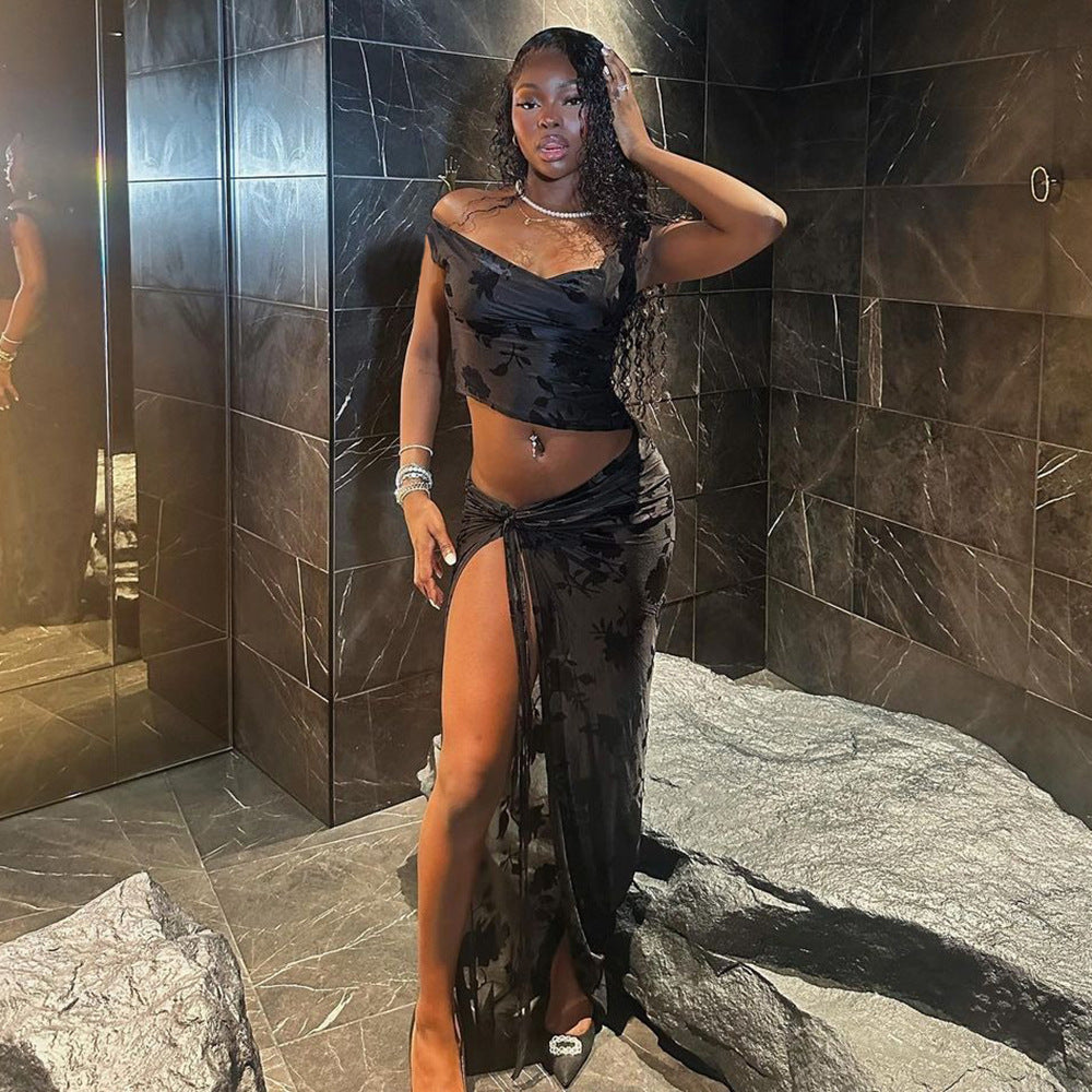 Women See-Through flocking Lace-Up sexy Crop one-shoulder Top and Skirt two-piece set 3