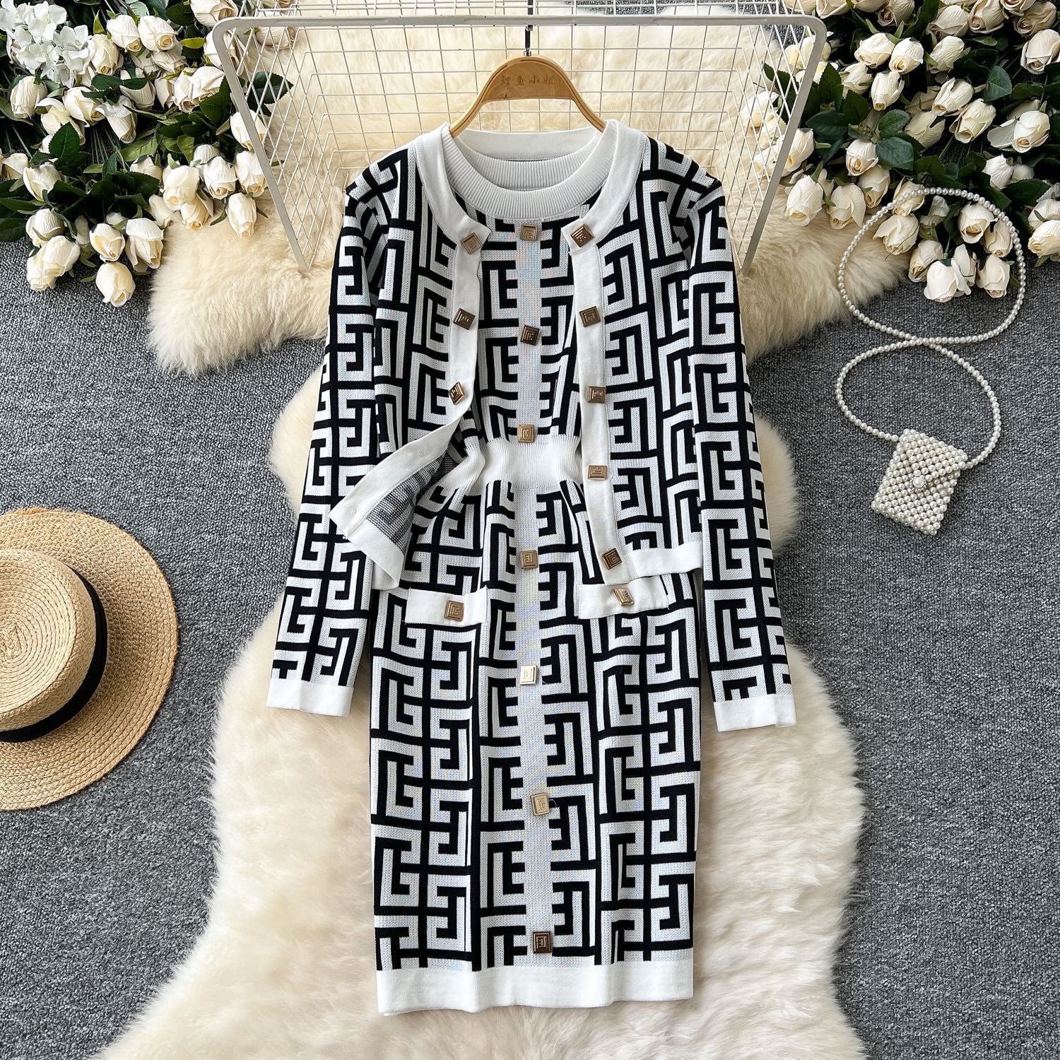 Women Cardigan Jacket Bodycon Dress Knitting Two-Piece Set 12