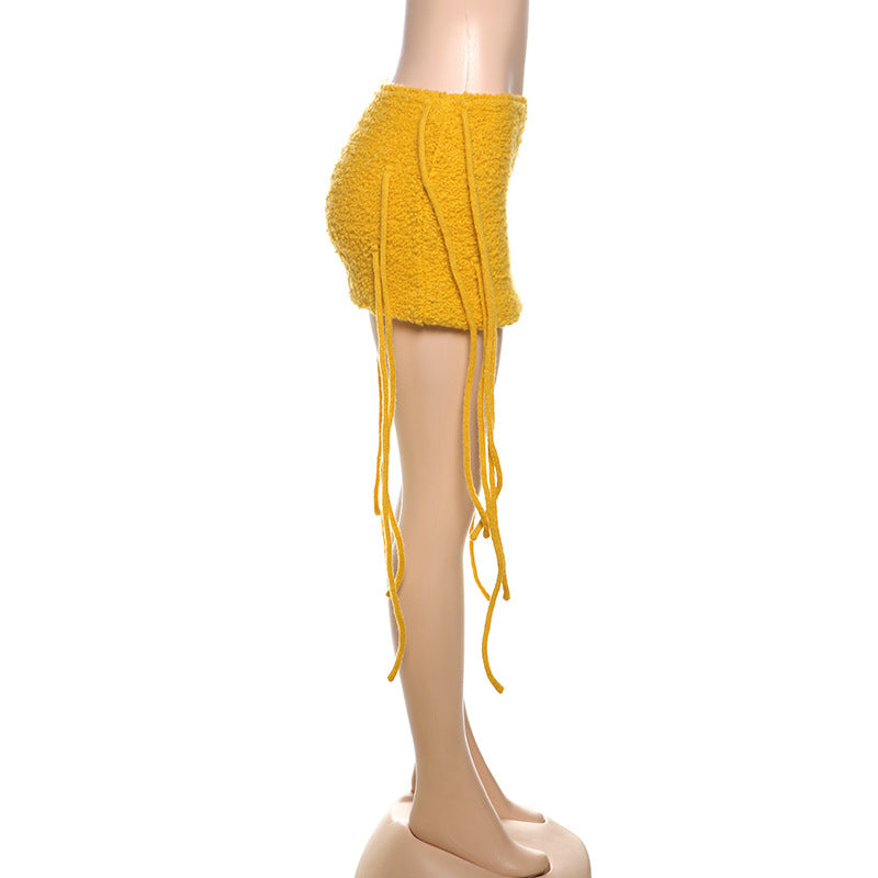Women Summer Street Trend Solid Knitting Tassel Bodycon Skirt 9