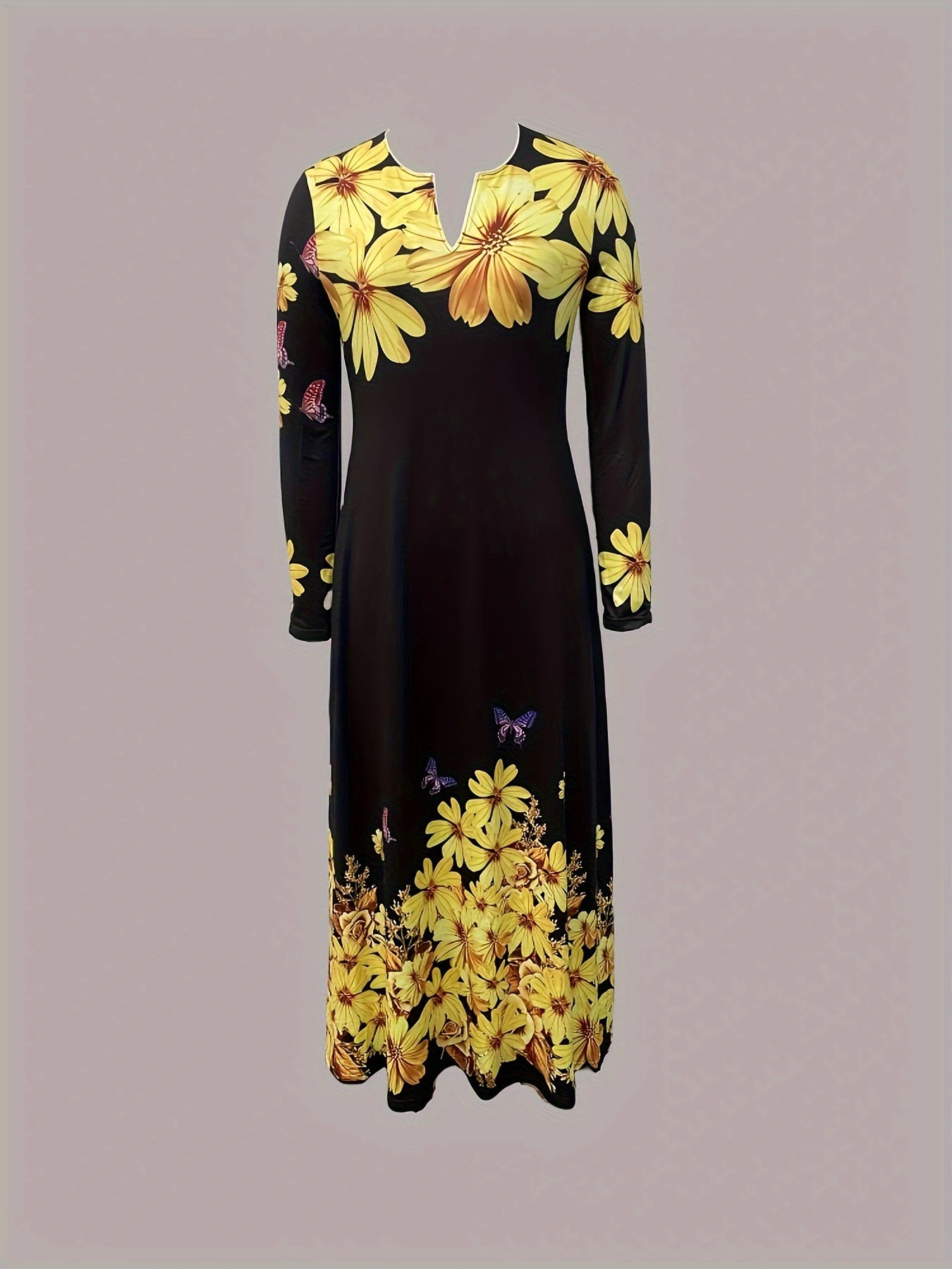 Spring Printed V-Neck Retro Floral Loose Long-Sleeved Long Dress 11