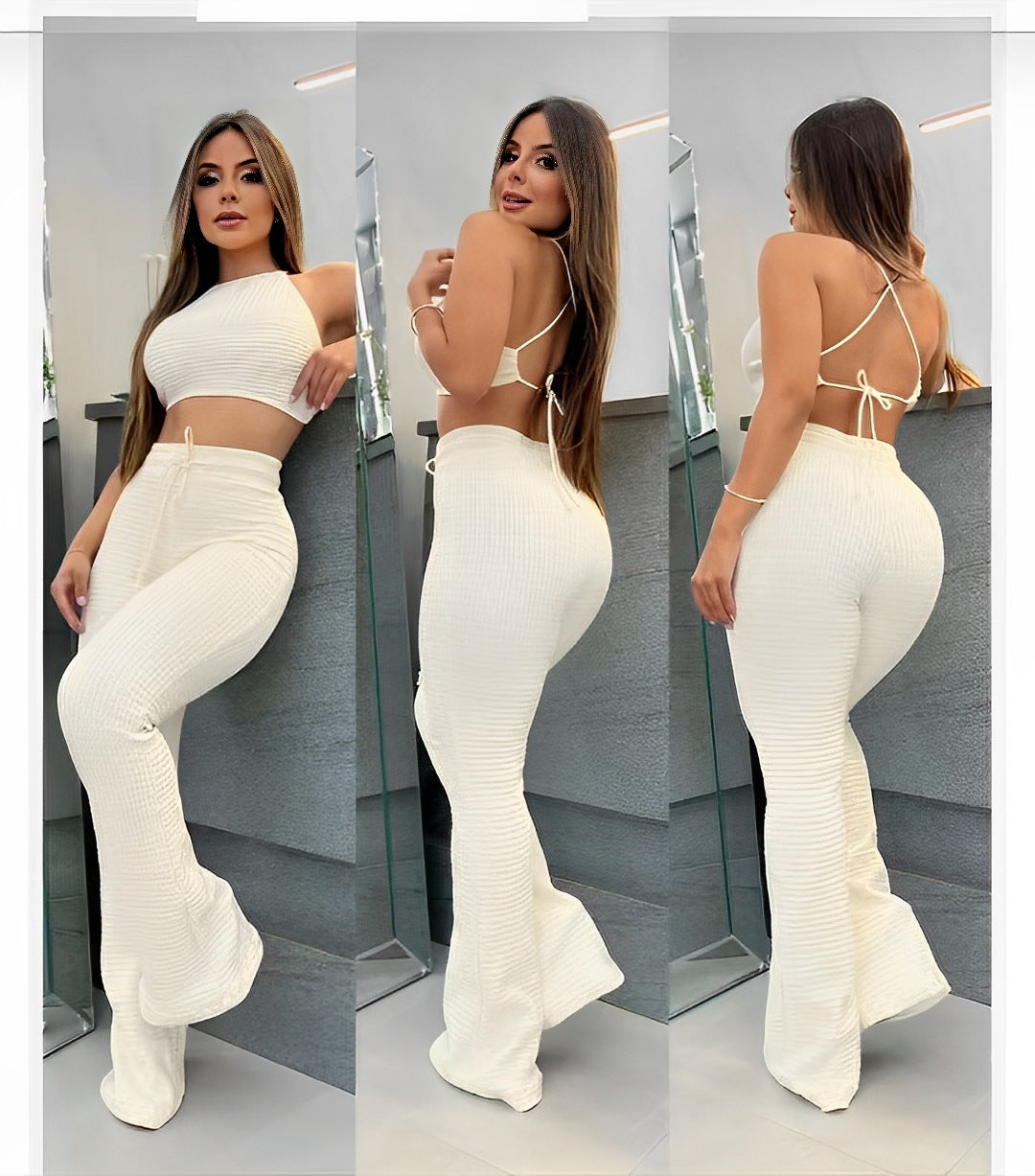 Women Waffle Sexy Halter Neck Top and Lace-Up Bell Bottom Pants Two-piece Set 3