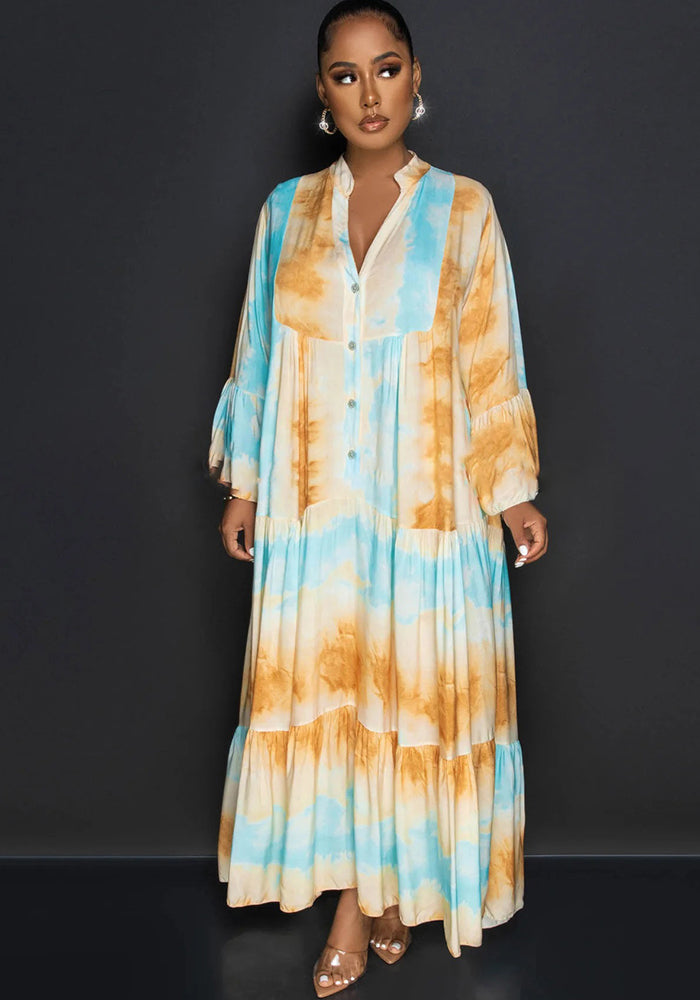 Fashion Painted And Printed V-Neck Long-Sleeved Long Swing Dress Maxi Dress