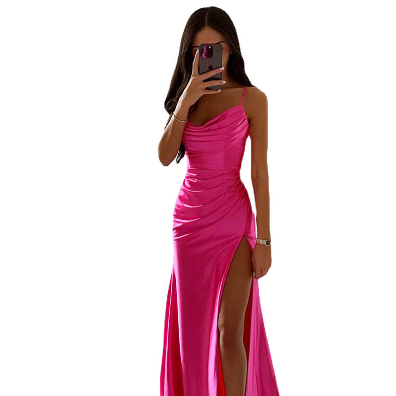 Spring Strapless Gathered Slit Satin Dress Sexy Slim Bodycon Dress 14