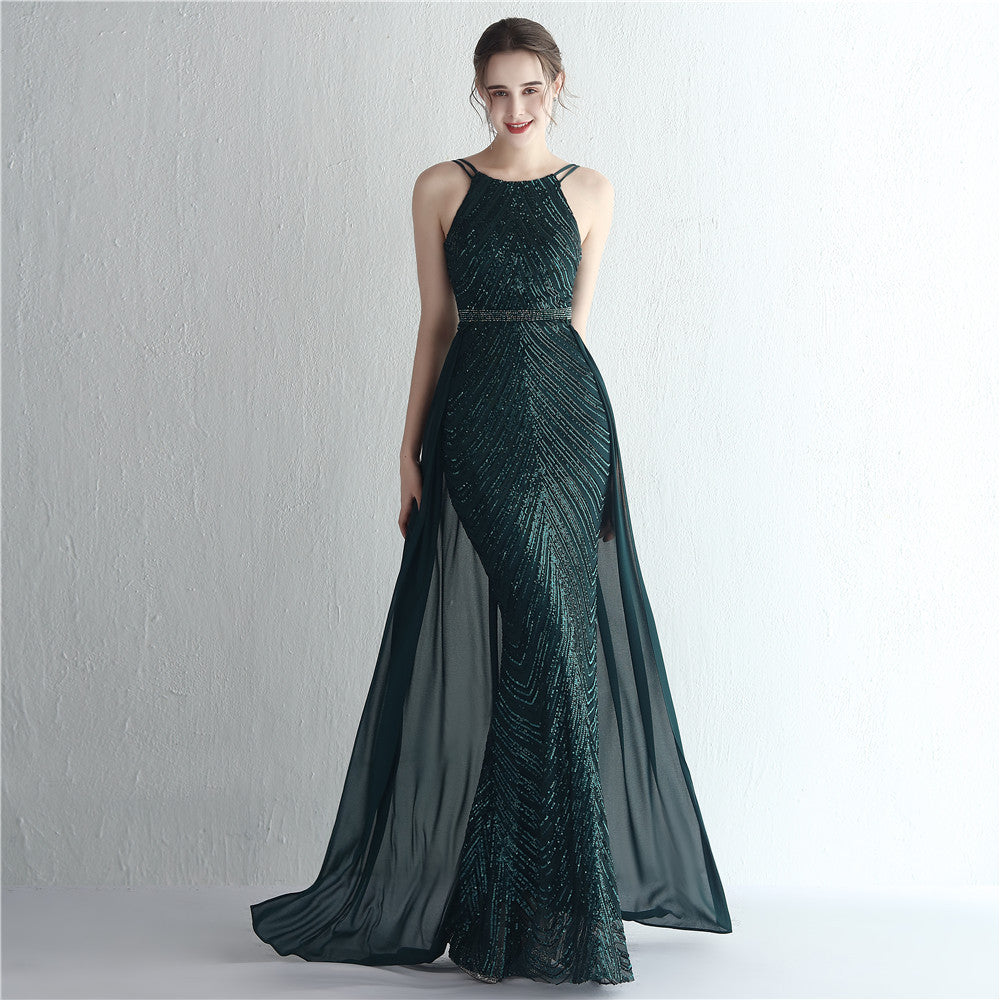 Positioning flower sequins evening dress craft beading Halter Neck style Chic glamorous lady Formal Party long gown 13