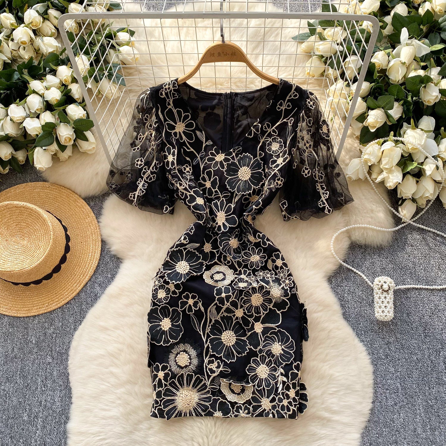 Women's  Luxury Embroidery Mesh Puff Sleeve Slim Waist Short Chic Dress 3