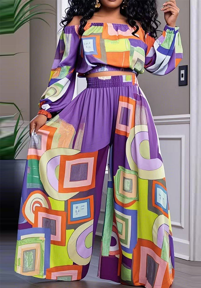 Women's Fashion Elegant Off Shoulder Long Sleeve Top Loose Wide Leg Pants Casual Set