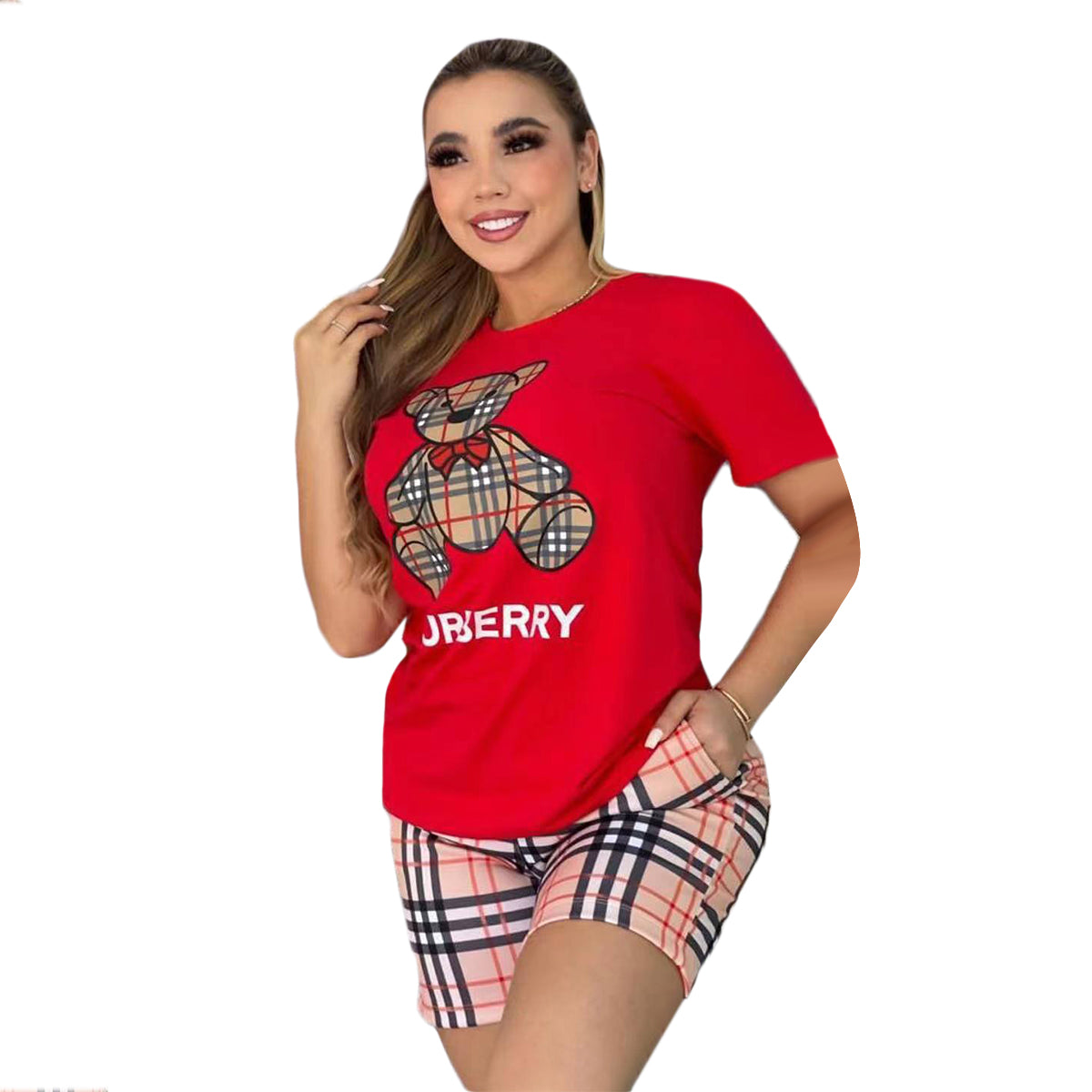 Women's Summer Bear Round Neck Short Sleeve Two Piece Shorts Set 5