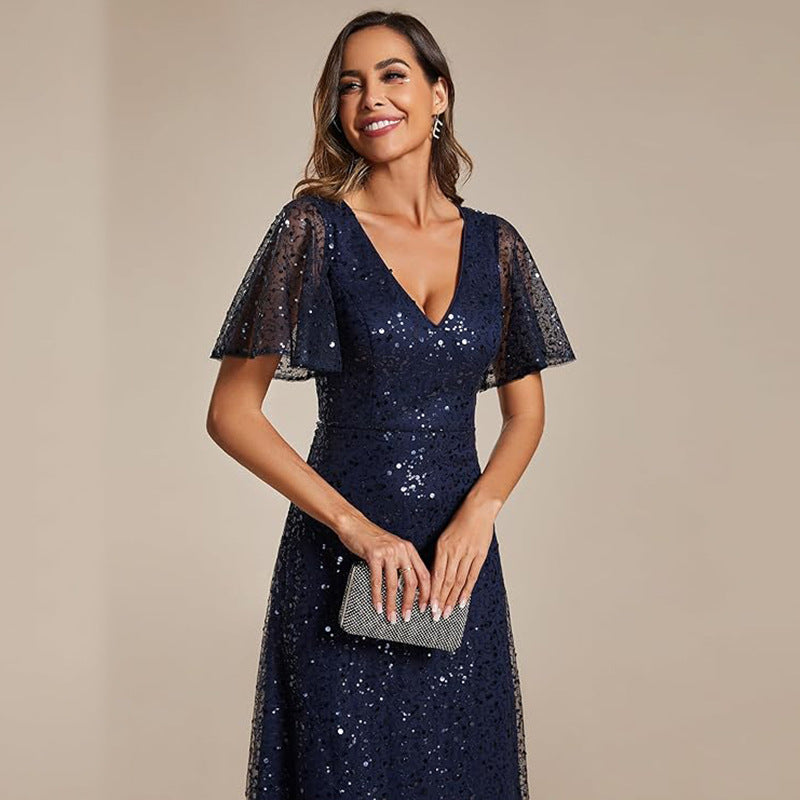 Plus Size V-Neck Ruffle Sleeve Shiny Sequin Evening Dress（Processing time need 3-6 days） 7