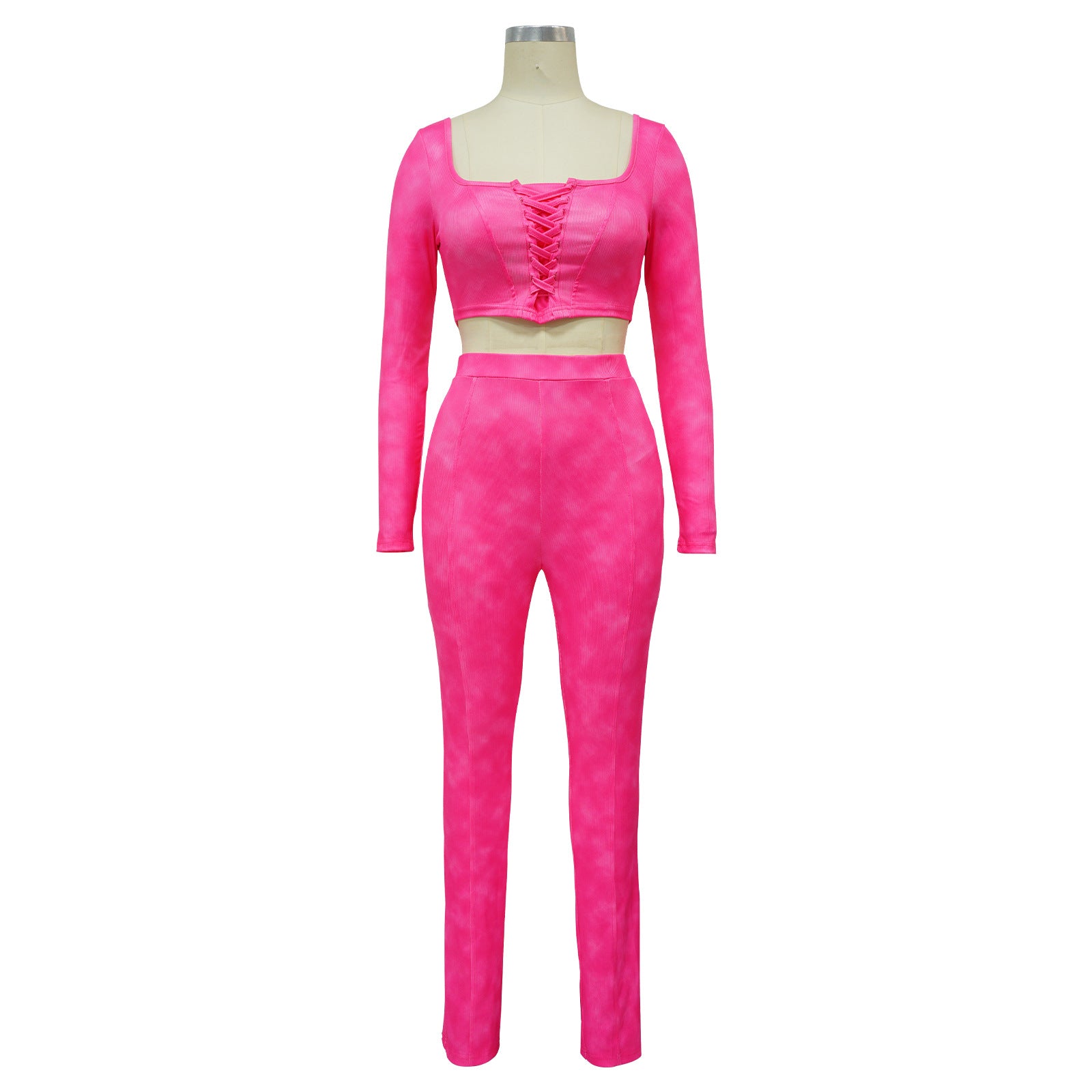 Women's Square Neck Long Sleeve Lace Up Top Sexy Tight Fitting Pencil Pants Fashion Two Piece Set 14