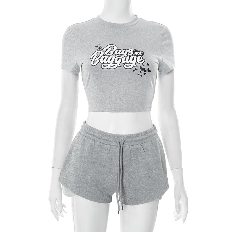 Women's Letter Print Short-Sleeved T-Shirt Top Drawstring Ultra-Shorts Two-Piece Set 6
