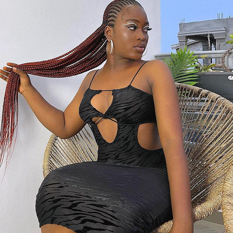 Women Print Hollow Tight Fitting Strap Bodycon Dress 3