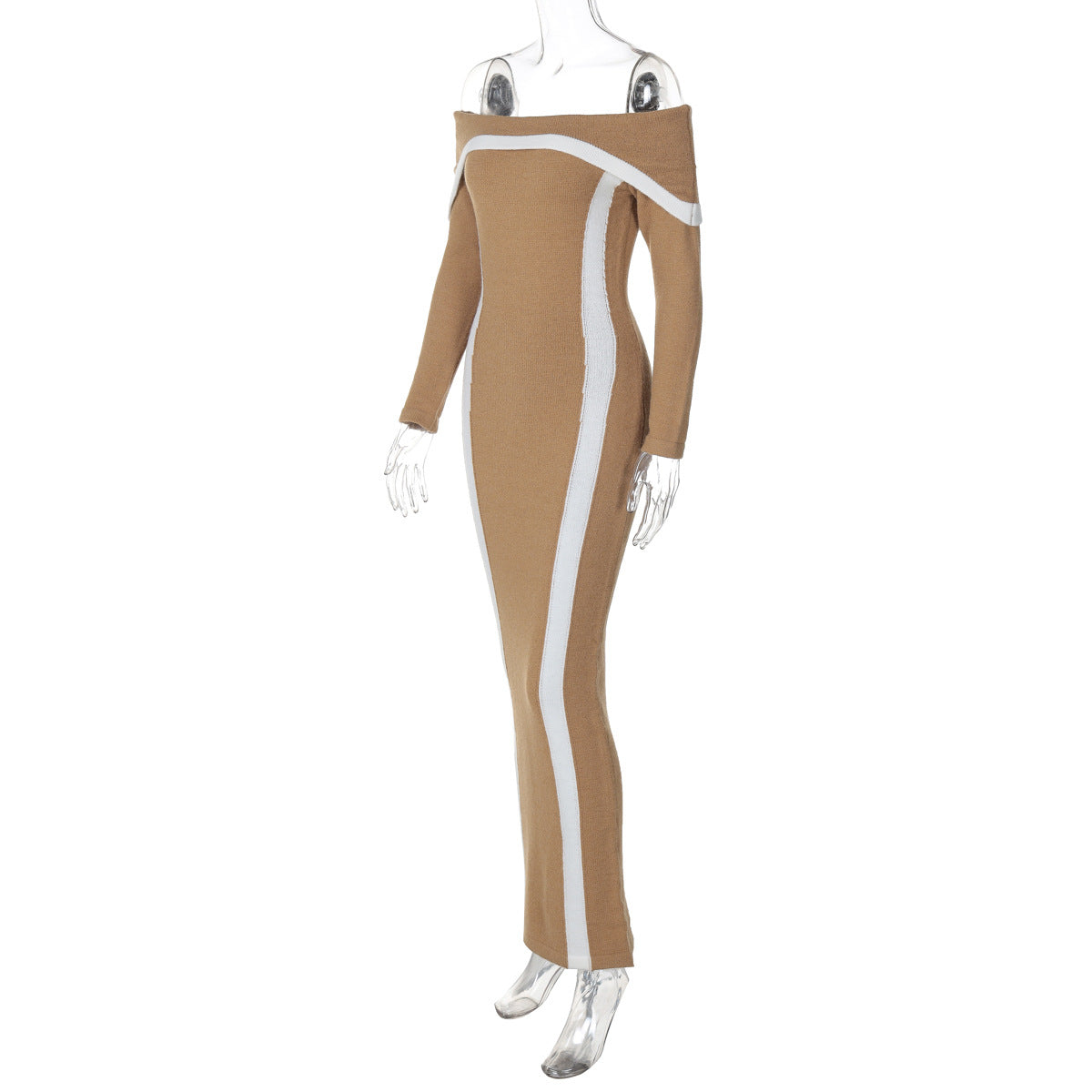 Women Knitting Winter Sexy Off Shoulder Contrast Bodycon Dress 8