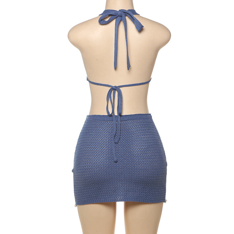 Women Spring Knitting Sexy Beaded Bodycon Halter Neck Lace Hollow Dress 7