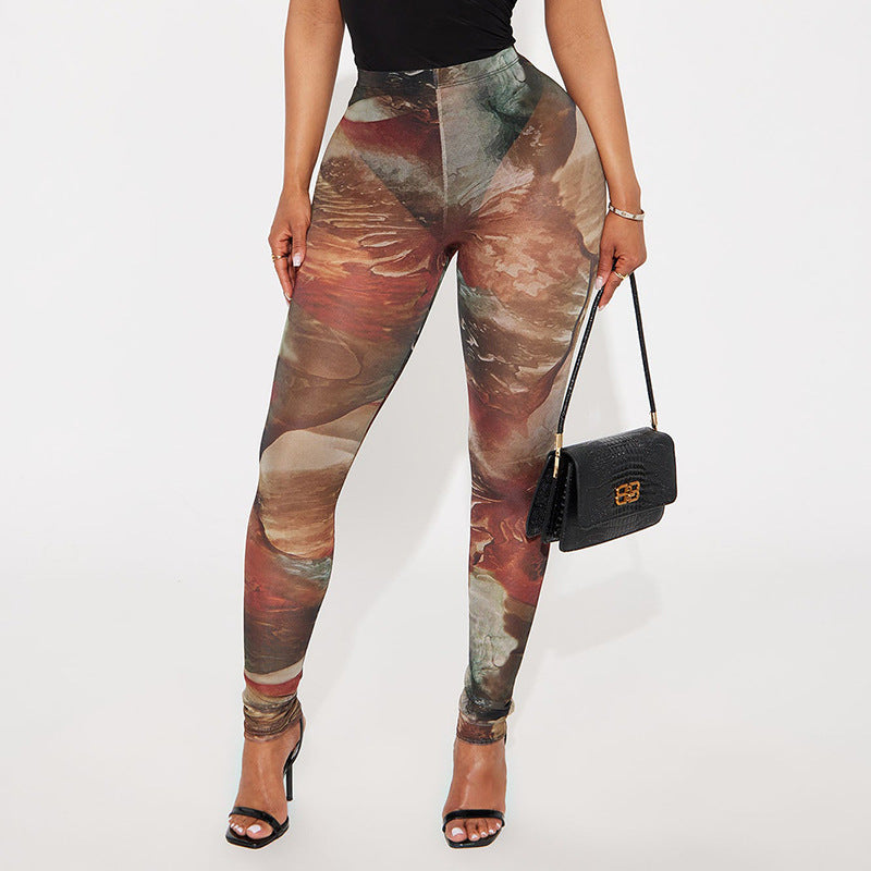 Women Spring and Summer Mesh Print See-Through Tight Pants 11