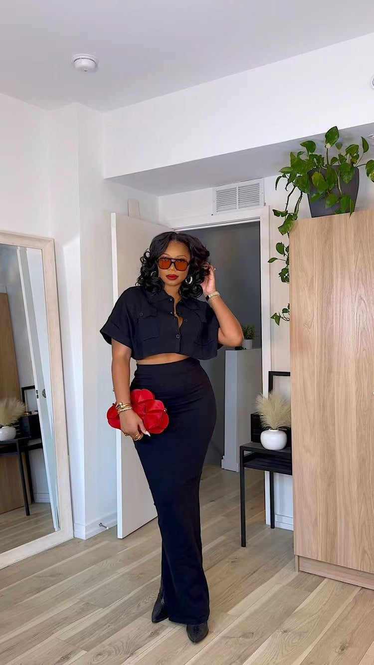 Spring Fashion Casual Black Short Sleeve Crop  Shirt Slim Fit Skirt Two Piece Set 7