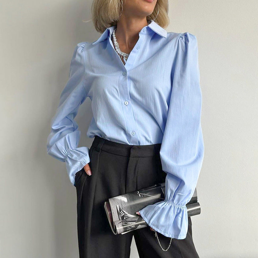 Women autumn and winter blue Turndown Collar Bell Bottom sleeve Shirts 8